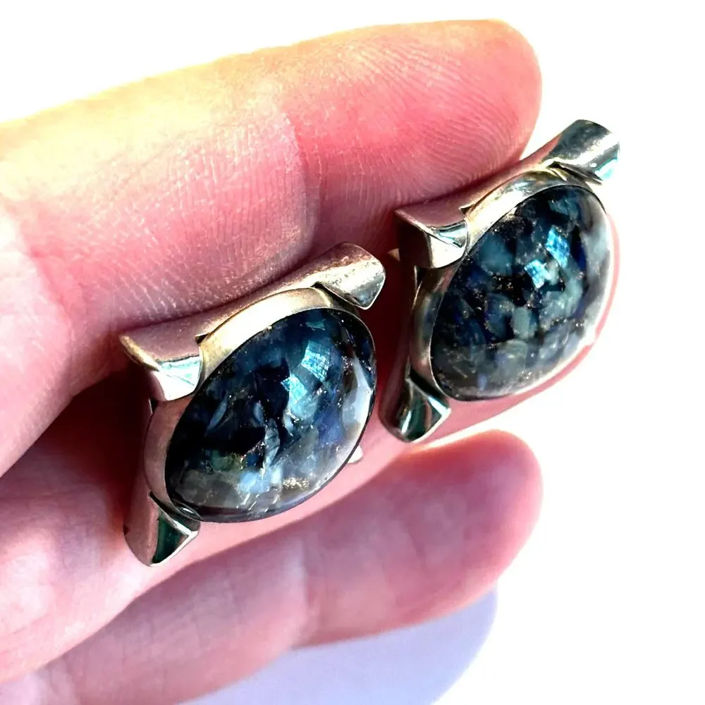 Vintage Mid Century 60's Hickok Cufflinks silver & blue polished marble rounds
